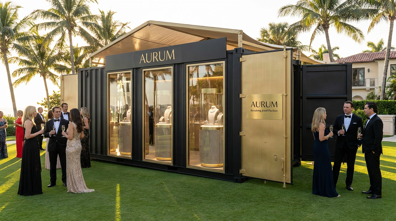 Aurum — Revolving Jewel Pavilion — Modular gold-leaf façade