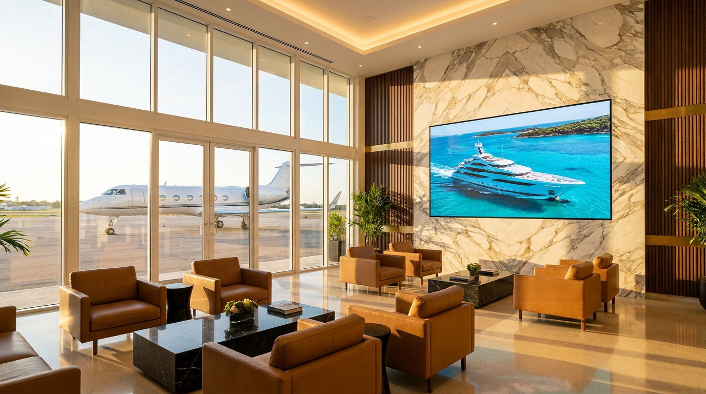 Large screen on a marble wall in an FBO lounge overlooking a private jet