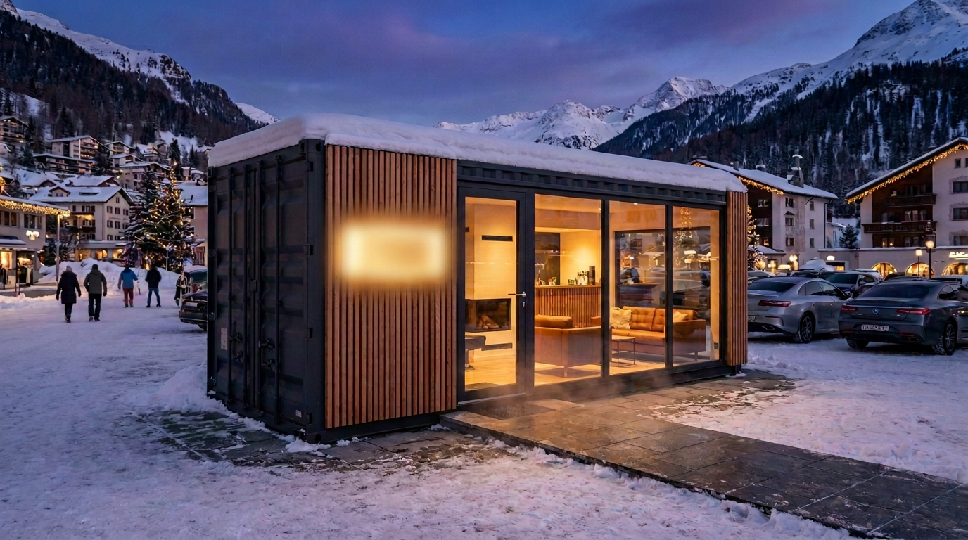 Alpine Village Residency — Ski-resort pop-up, dusk