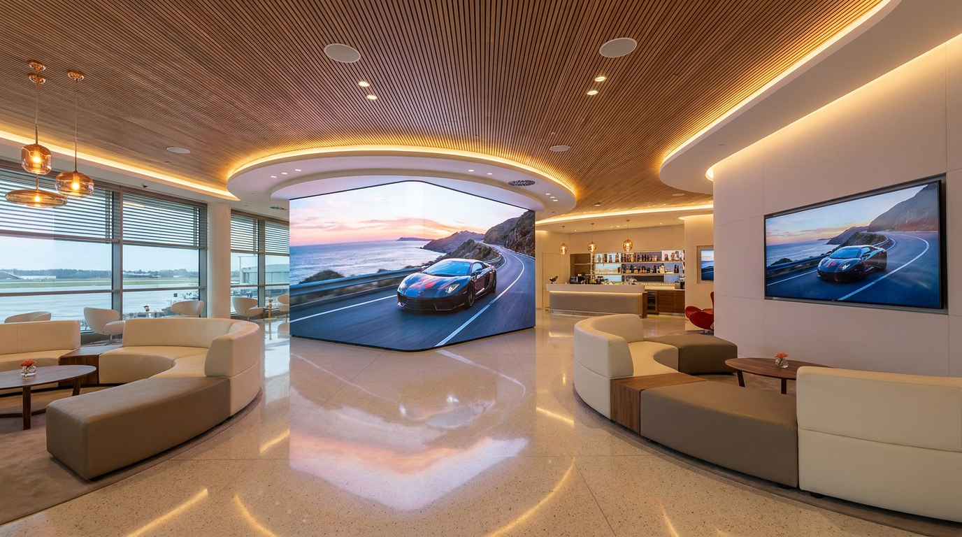 Curved LED wall in a private aviation lounge showing an automotive campaign