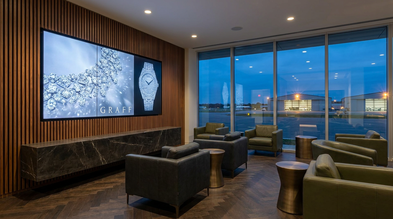 Three-panel jewellery campaign screen in a wood-panelled aviation lounge at dusk