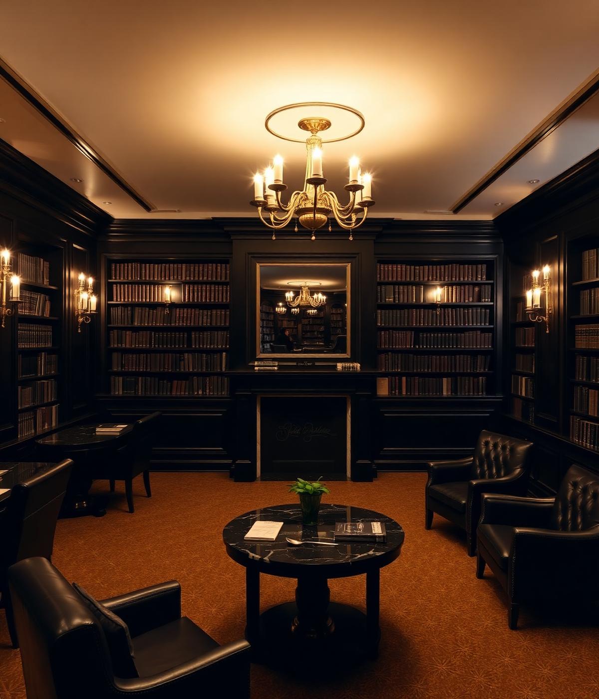 Candlelit private library with leather chairs